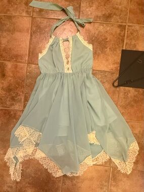 re:named Light Blue Halter Dress with Cream Lace Trim